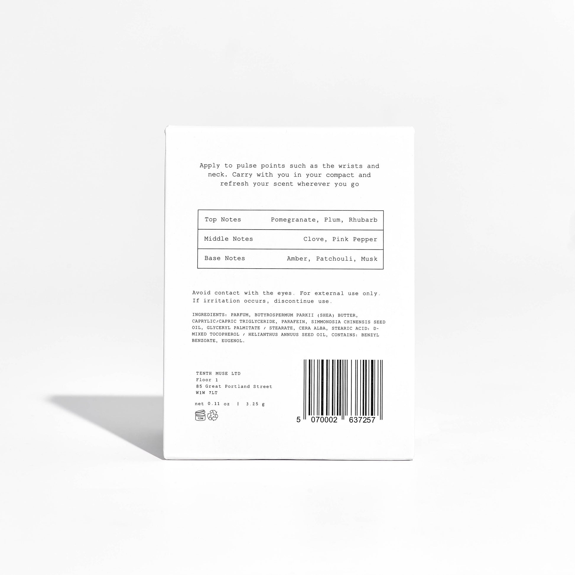 Product label with text and a barcode on a white background