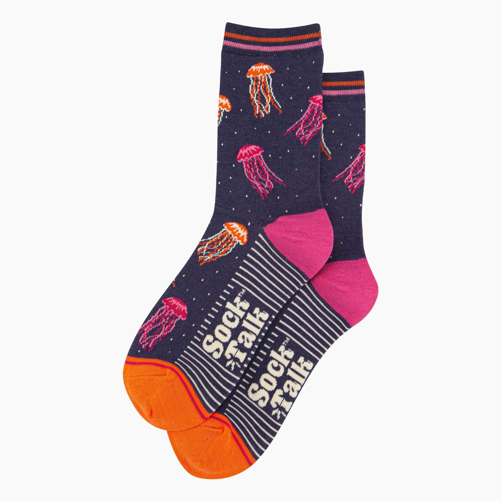 Pair of socks with jellyfish pattern and 'Sock Talk' text on a white background