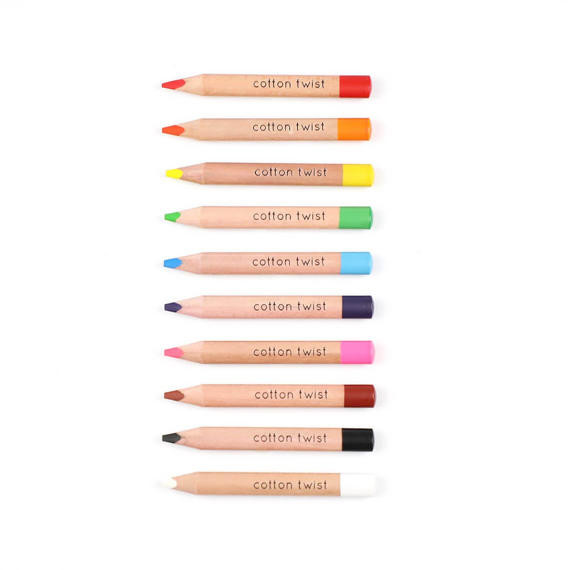 A set of Cotton Twist jumbo watercolour pencils in various colors, including, brown, black, blue, green, orange, pink, and white, displayed in a row on a white background.