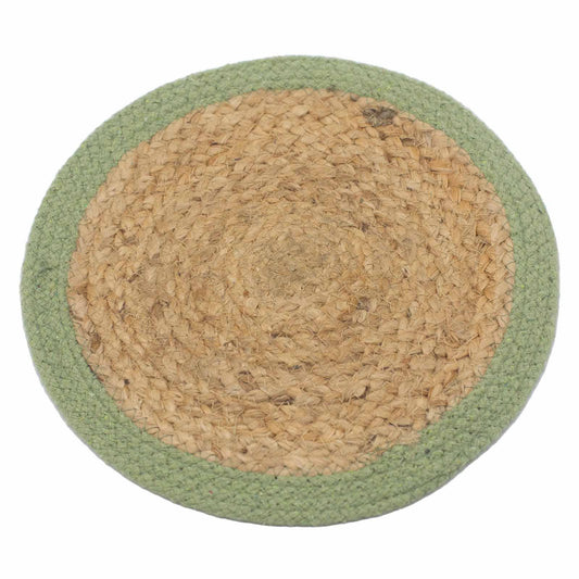 Round placemat made of natural jute with an olive green colored cotton edge.