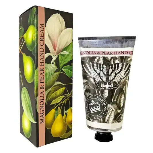 Hand cream with packaging featuring magnolia and pear design on a white background