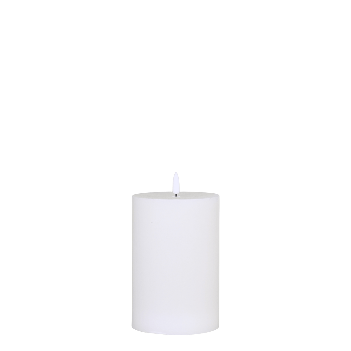 A single white pillar candle with a small black wick and subtle gray shading, centered on a solid white background.