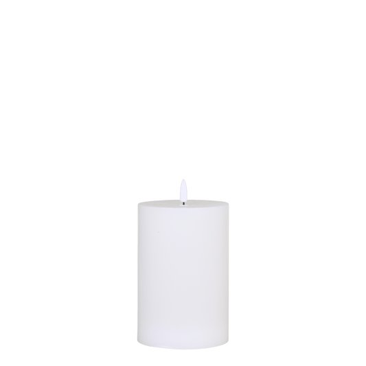 A single white pillar candle with a small black wick and subtle gray shading, centered on a solid white background.