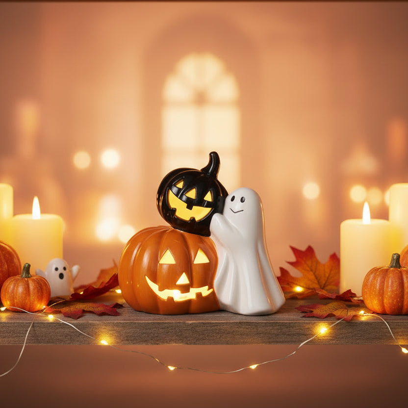 Halloween-themed ceramic figurine with a pumpkin and ghost on a Halloween themed shelf