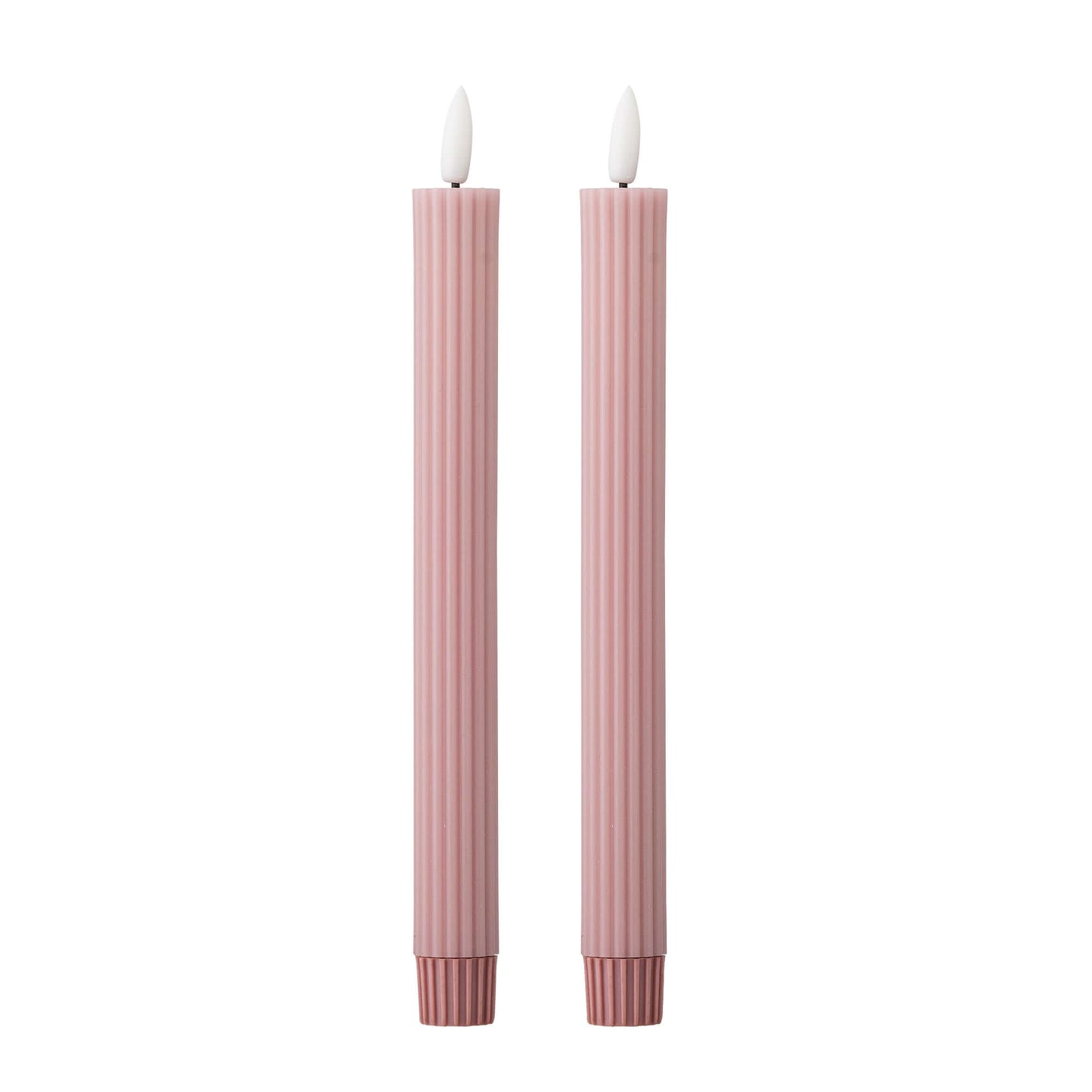 Two tall, thin pink striped candles with white flame-shaped tops, shown side by side on a plain white background.