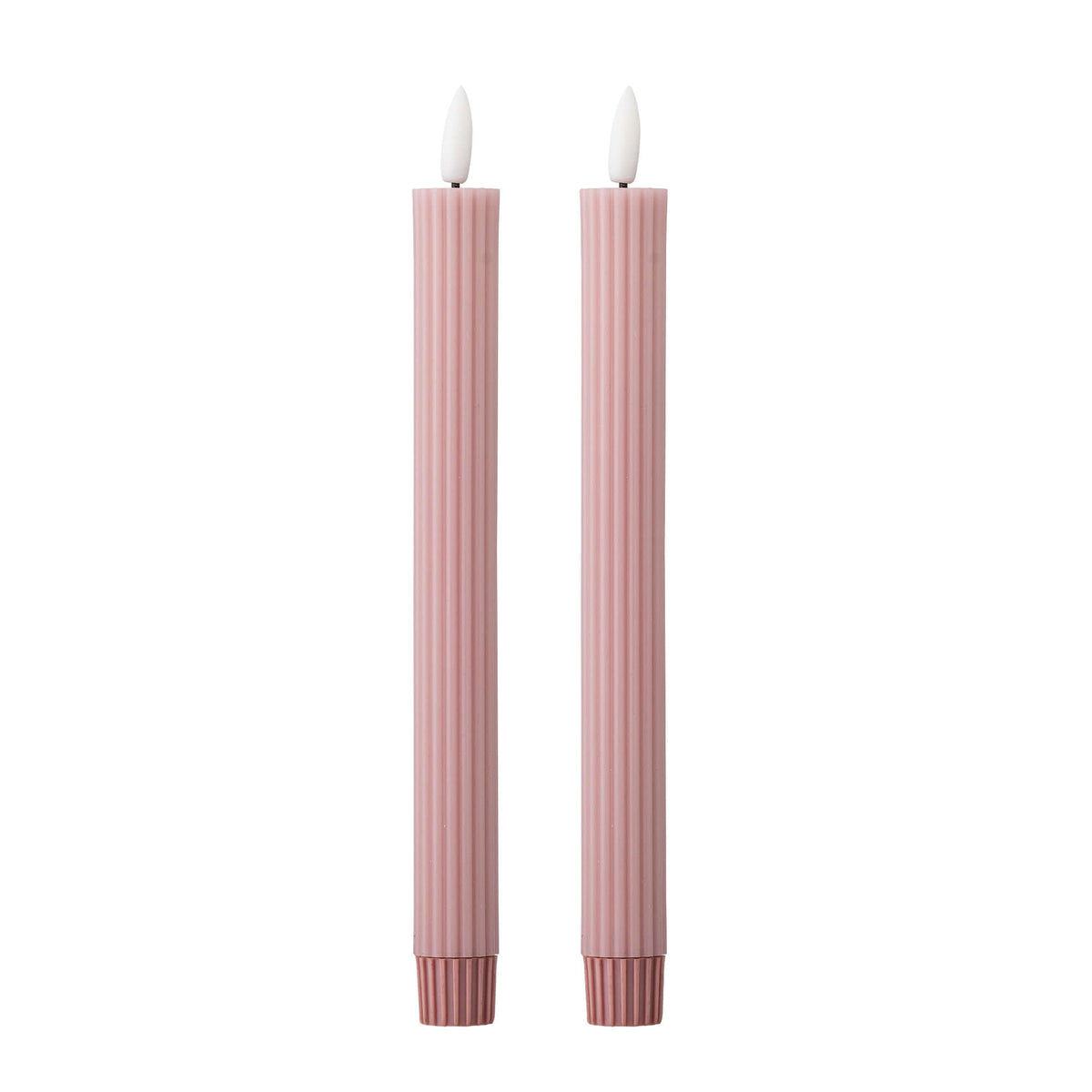 Two tall, thin pink striped candles with white flame-shaped tops, shown side by side on a plain white background.