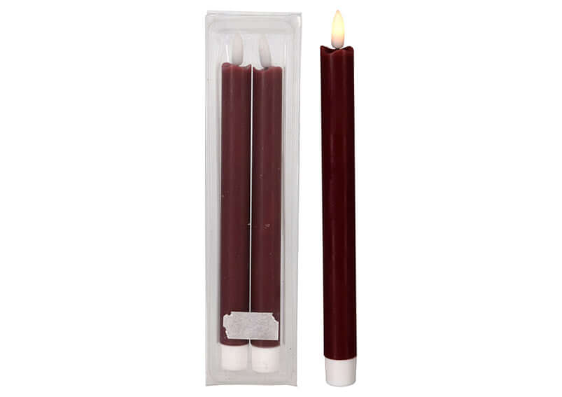 Set of three burgundy LED candles with white wicks, one lit, in a clear packaging on a white background.