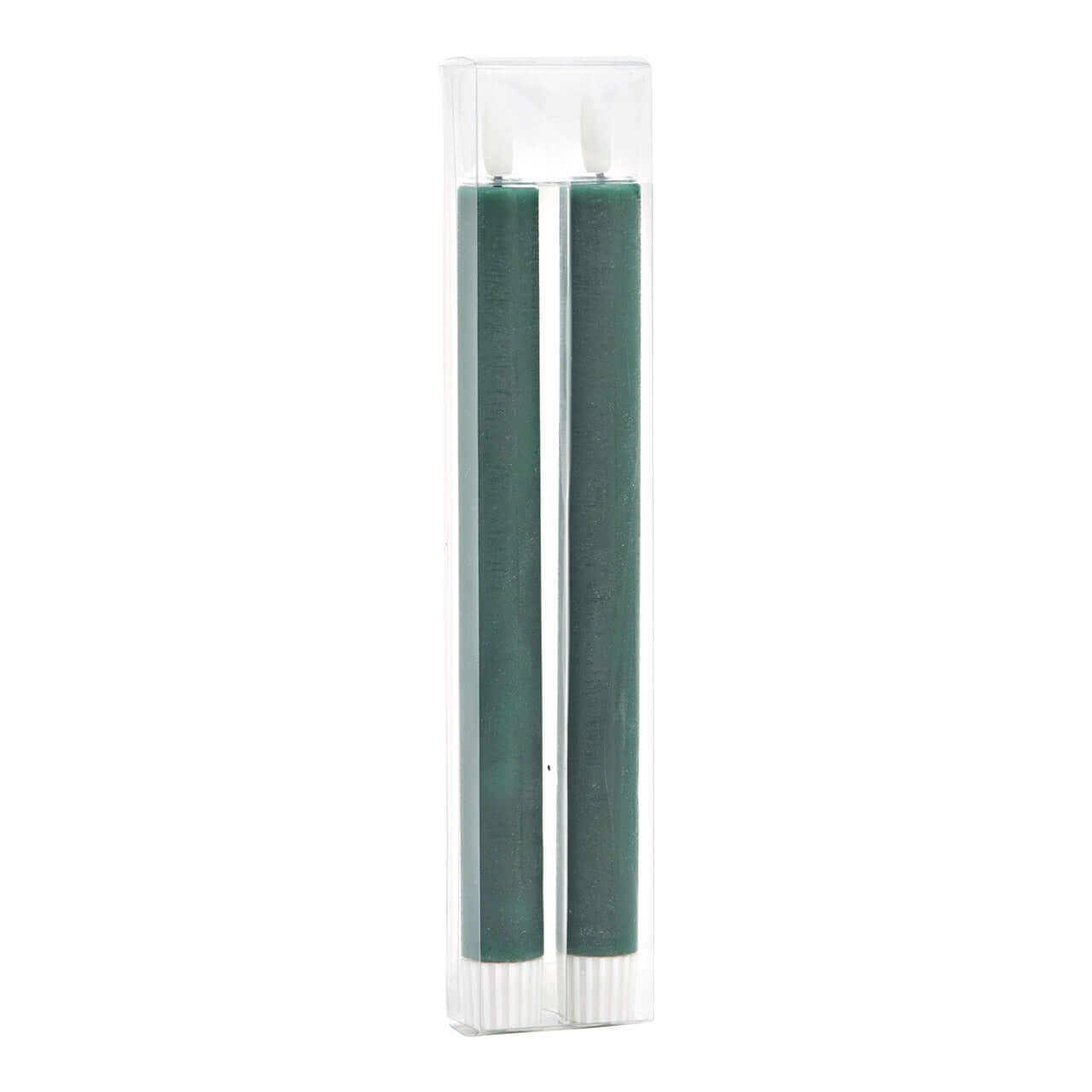 Two green LED candles in a clear holder on a white background