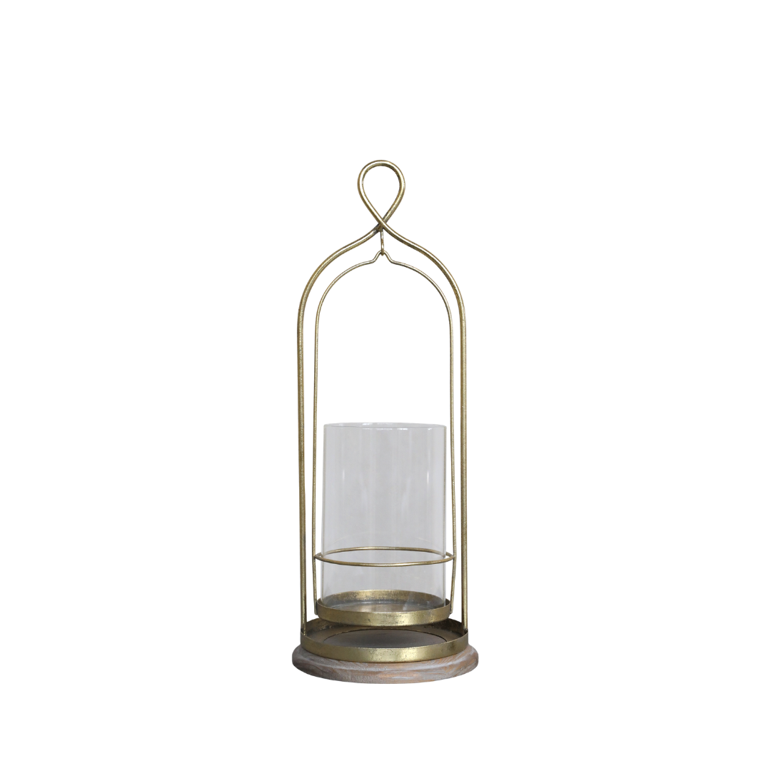 Tall metal and glass hurricane lamp
