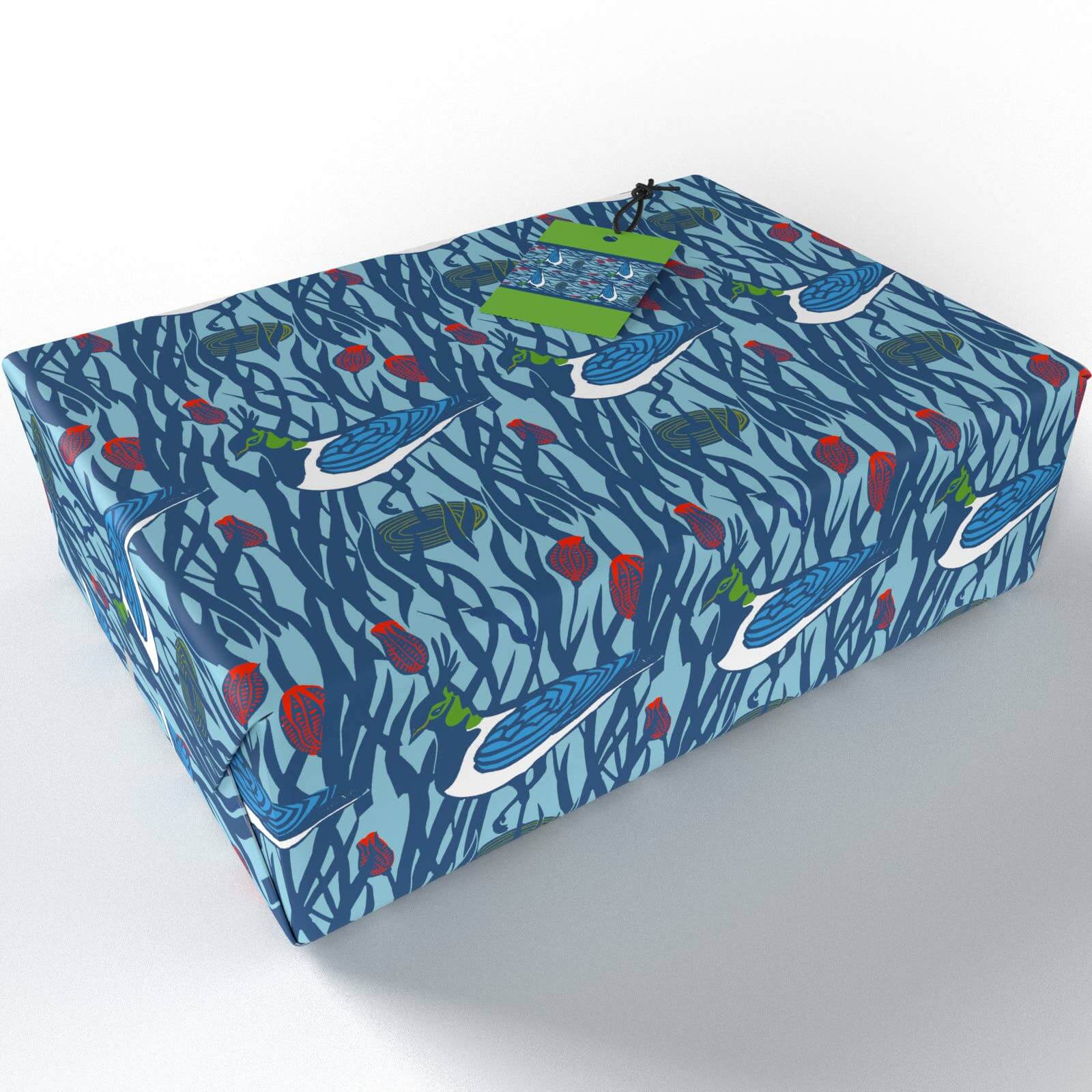 Wrapping paper with a blue and green floral pattern with Lapwings