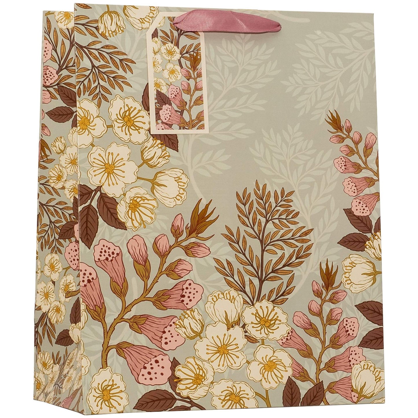 Floral patterned paper bag with a close-up inset on a beige background