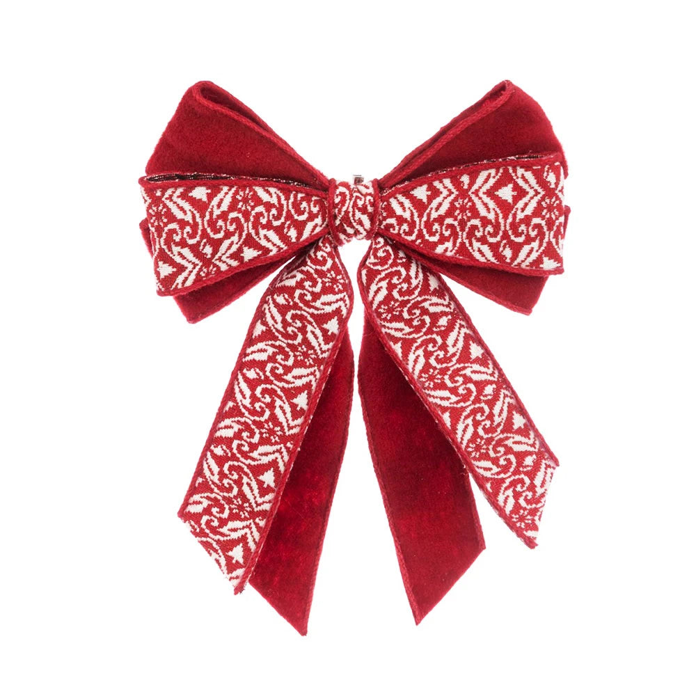Large Red Fair Isle Christmas Bow Decoration – 40cm. With red felt and red and white fabric loops on a white background
