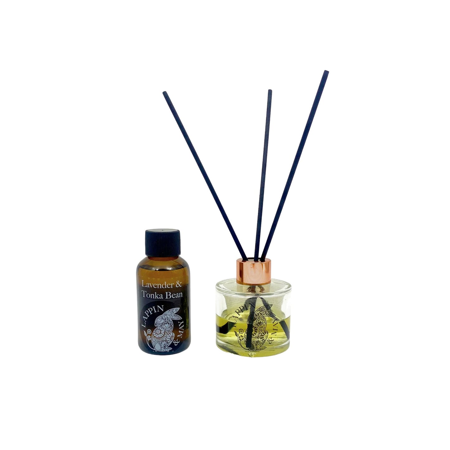 Refill bottle of diffuser oil on a white background