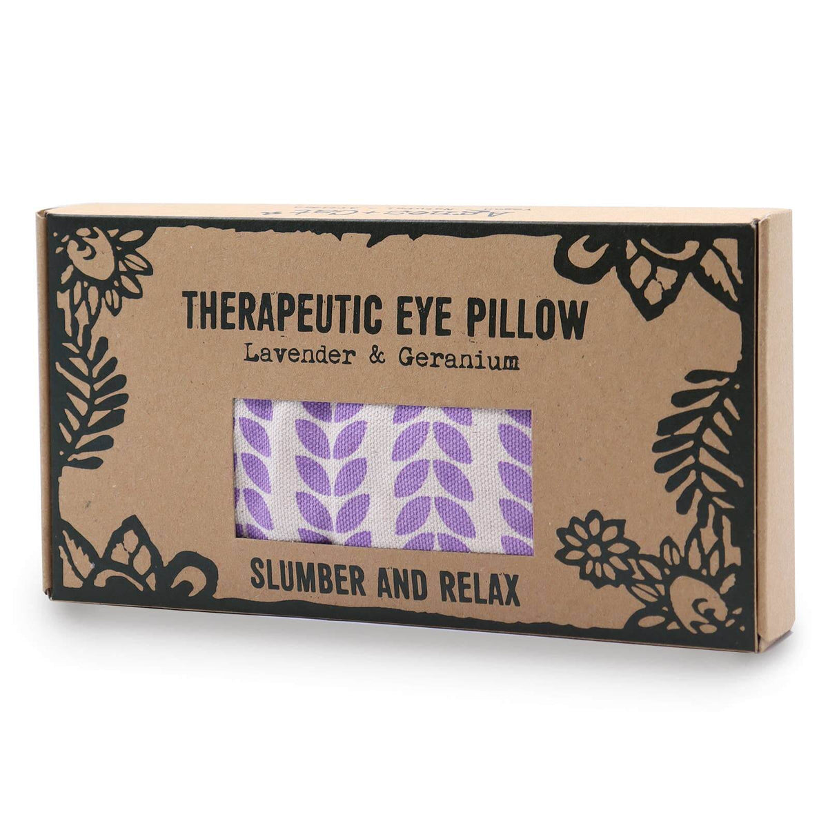 Boxed therapeutic eye pillow with lavender and geranium scents on a white background