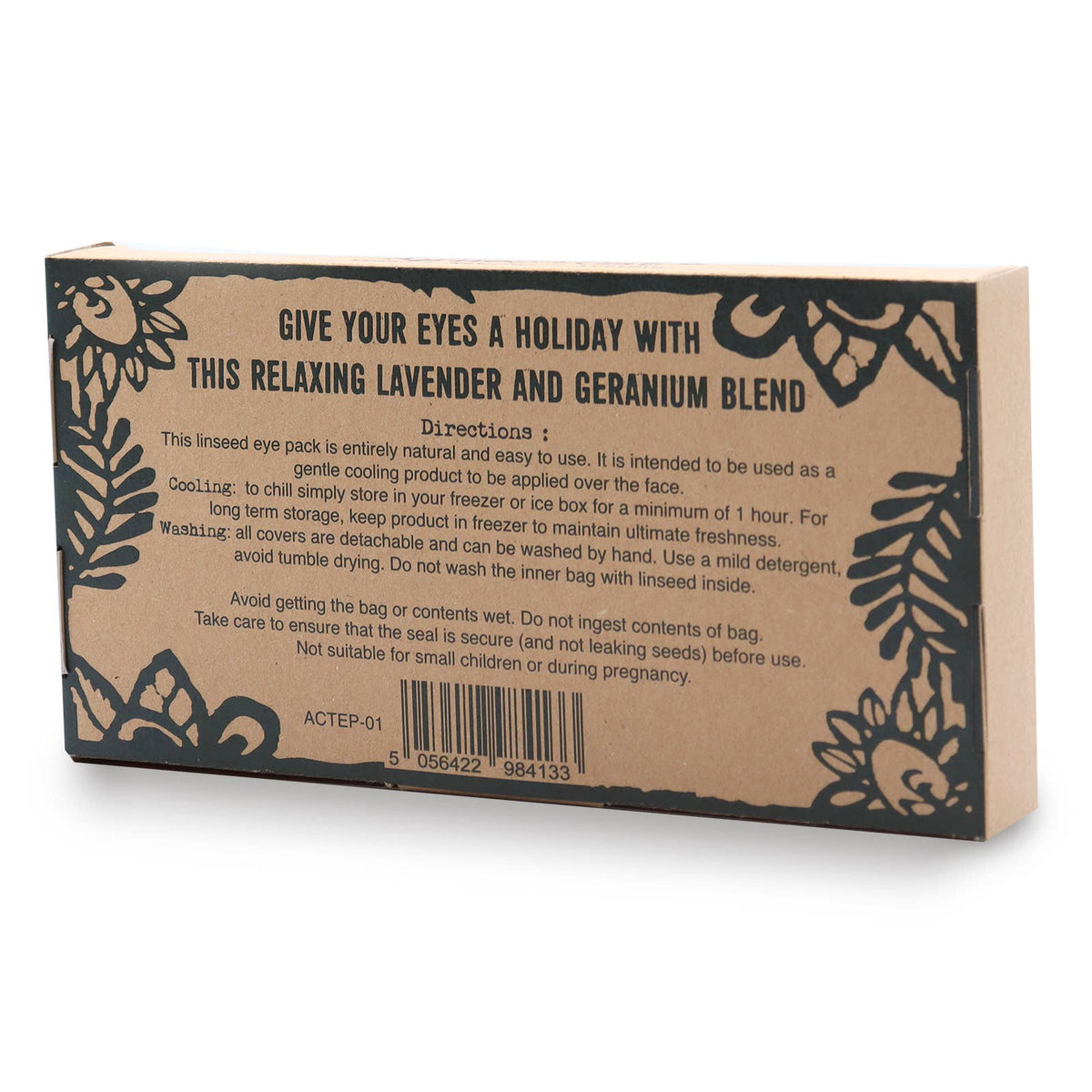 Cardboard packaging with text and decorative elements on a white background