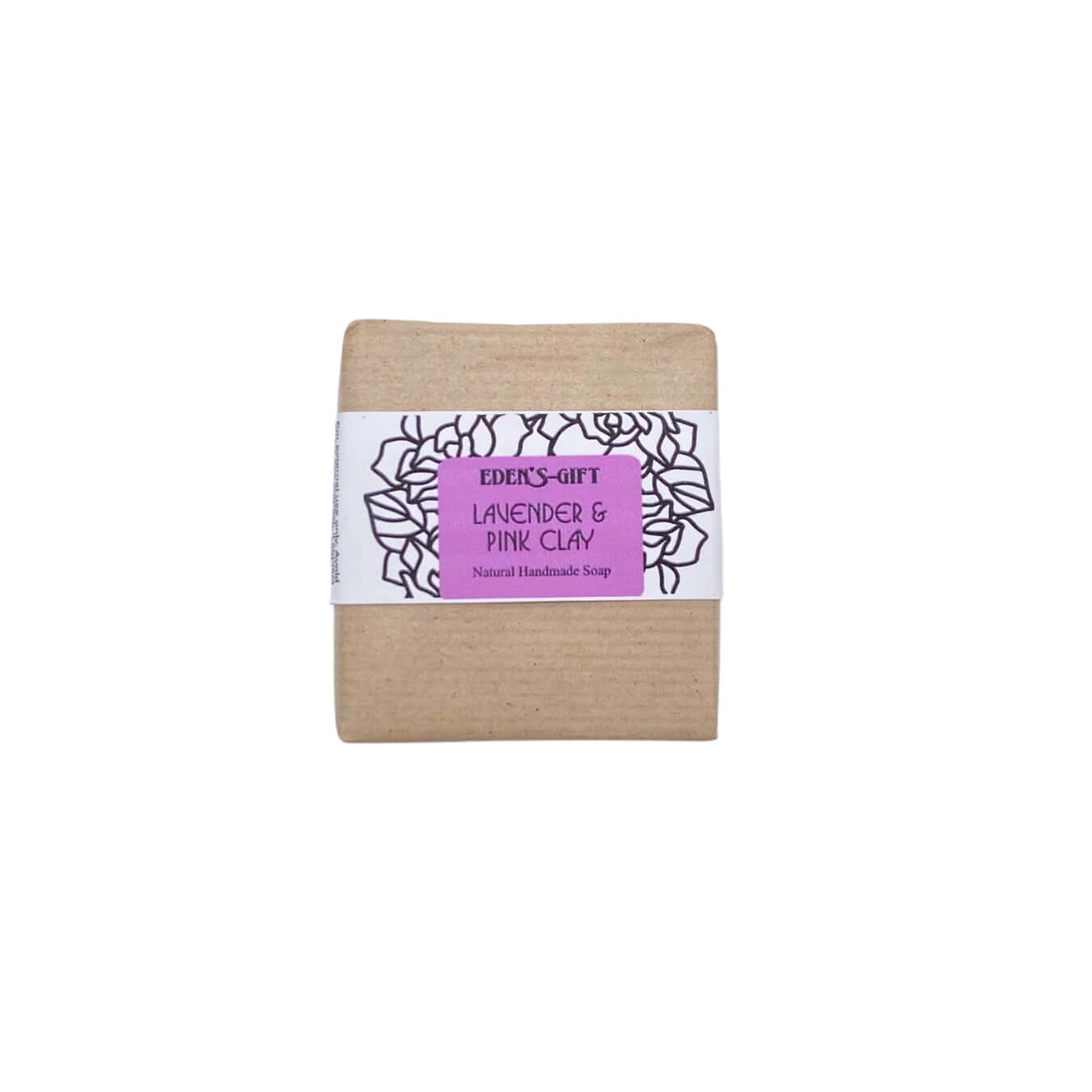 A packaged handmade soap bar with a label indicating 'Lavender & Pink Clay'. The bar is beige in color with a purple and black floral pattern on the label.