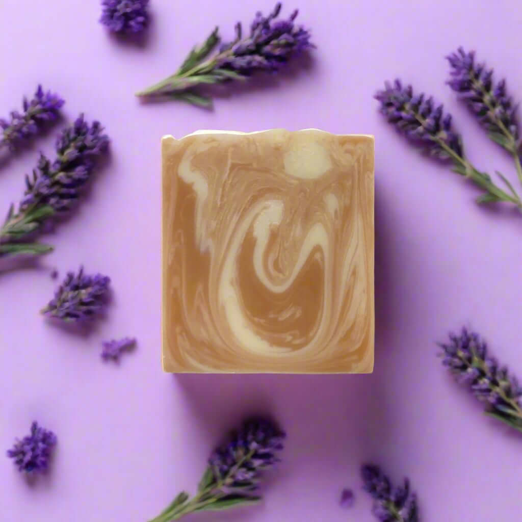A handmade soap bar 'Lavender & Pink Clay'. 