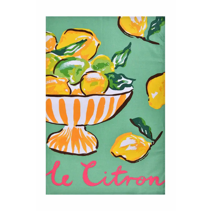 Tea towel with lemon design and 'le Citron' text on a green background