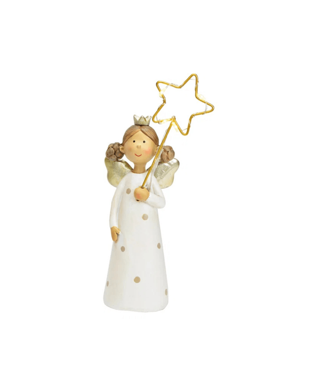 Angel figurine holding a gold star on a white background
