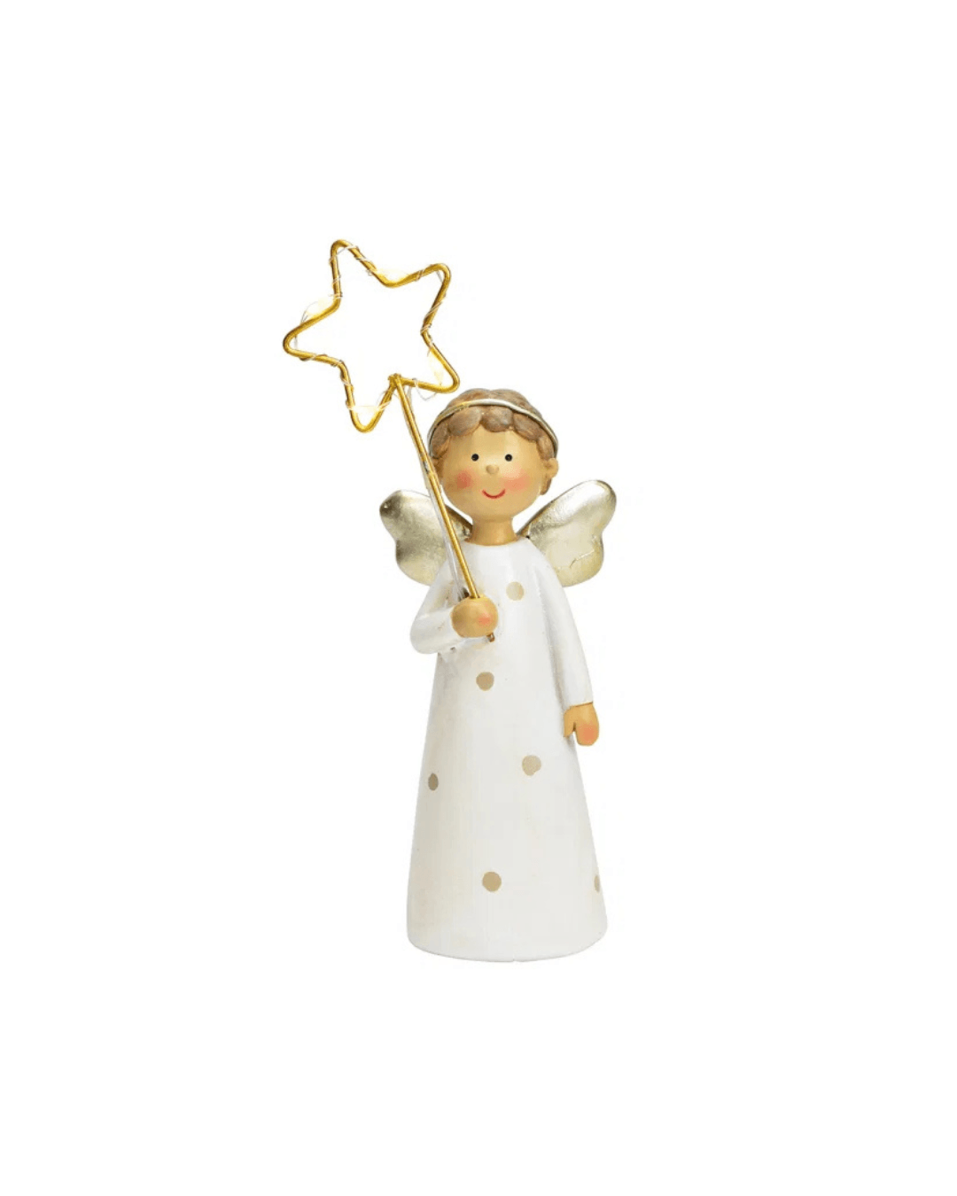 Angel figurine holding a gold star on a white background