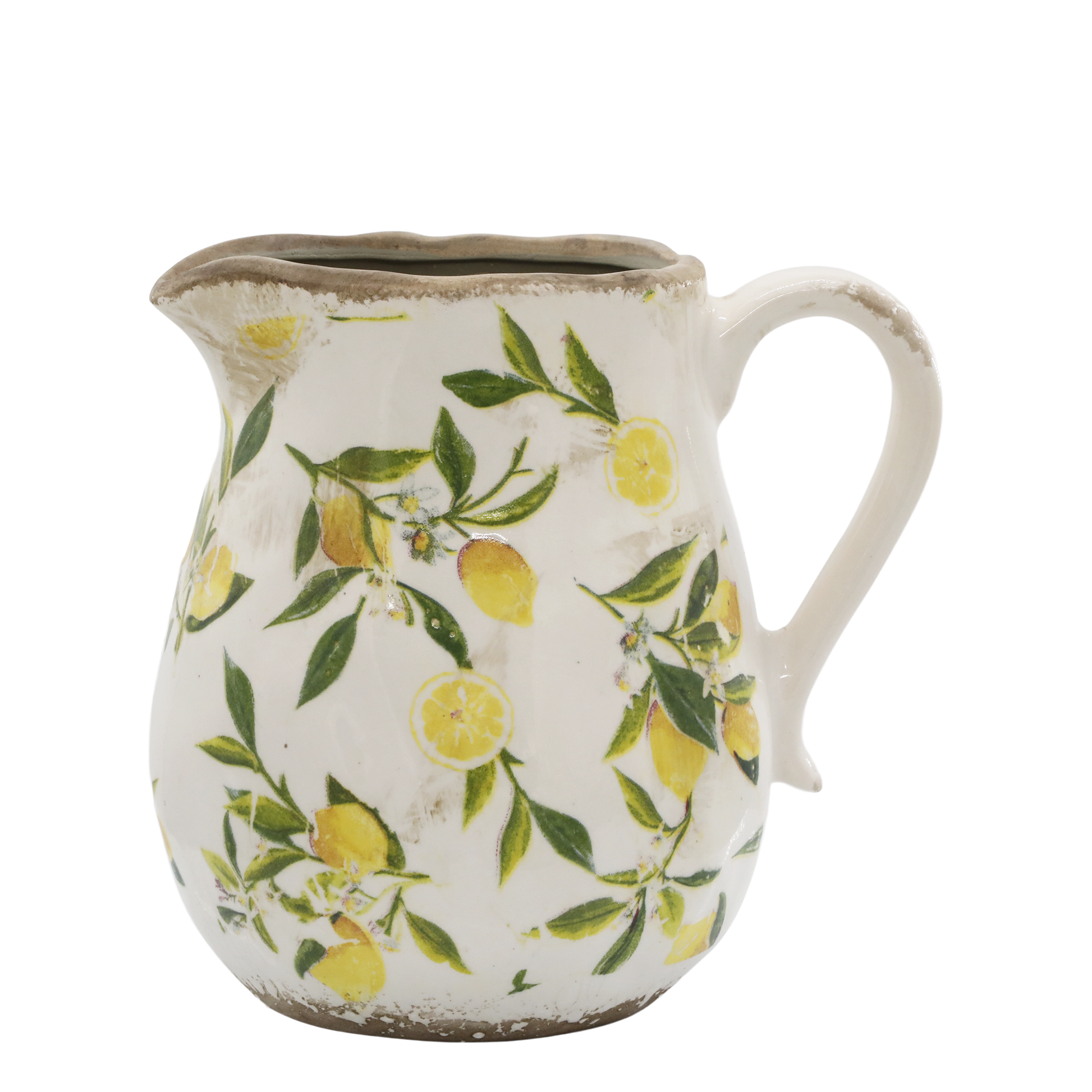 Ceramic pitcher with lemon and leaf pattern on a white background