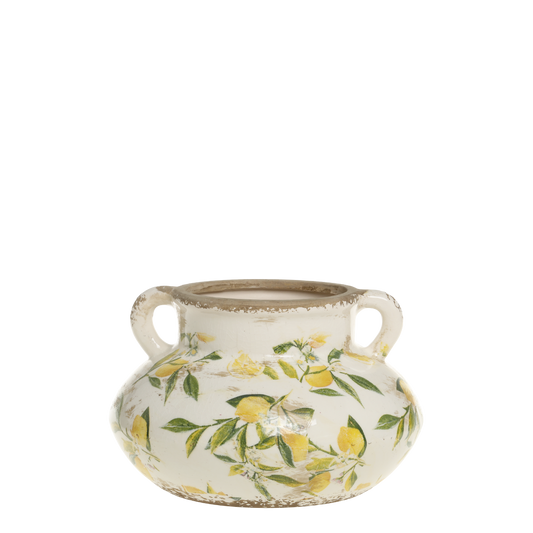 Ceramic vase with lemon pattern on a white background