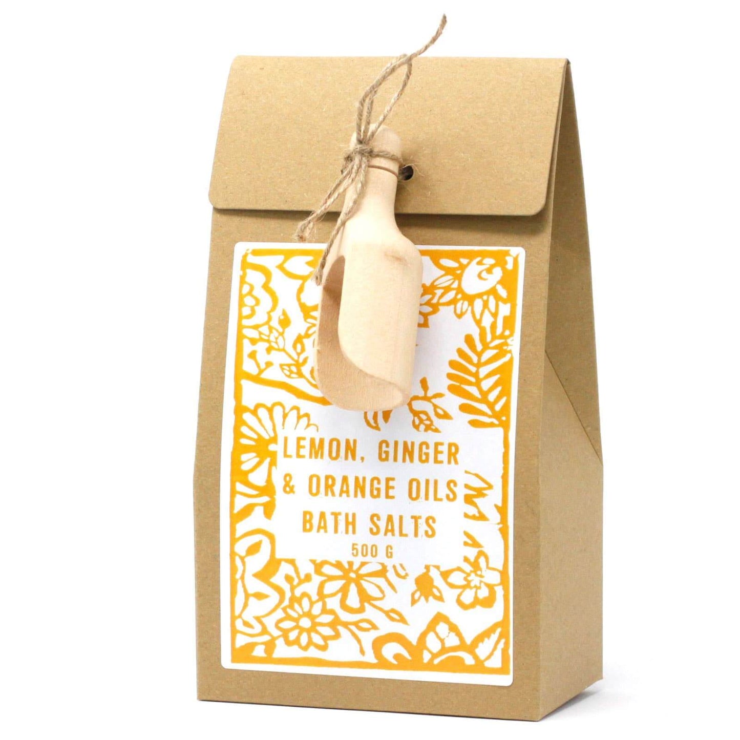 Kraft Box of Lemon Ginger & Orange Oils Bath Salts by Agnes + Cat of white background