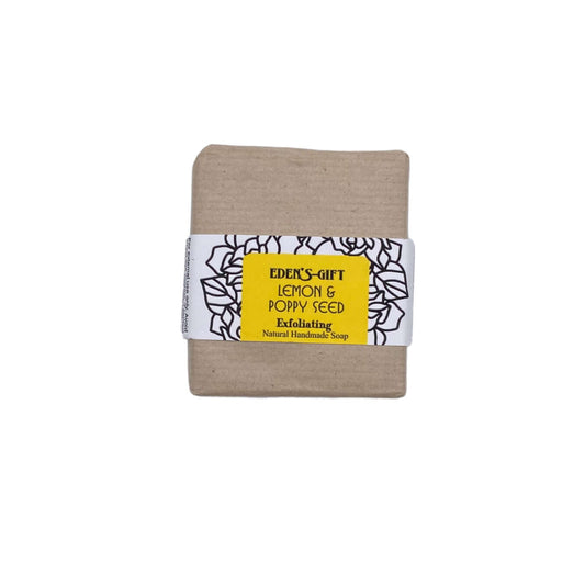A packaged bar of Lemon and Poppy Seed handmade soap with a label showing the product name and exfoliating description.