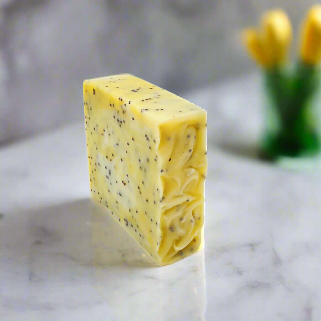 A bar of Lemon and Poppy Seed handmade soap 