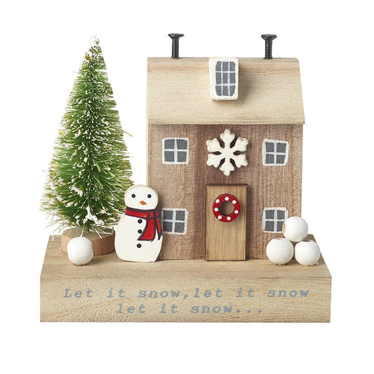 Wooden house with snowman, tree, and decorative elements on a white background