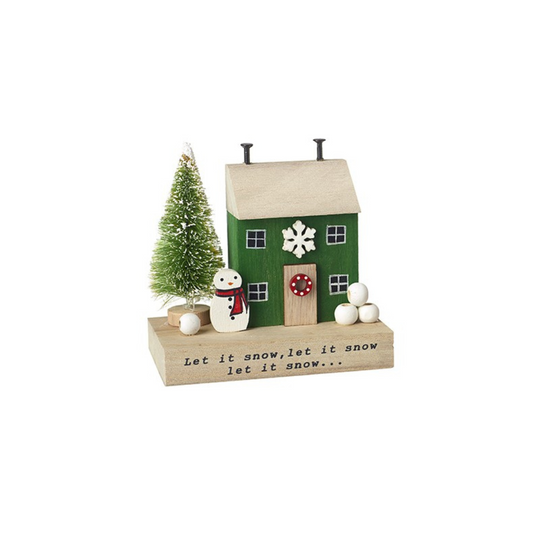 Decorative Christmas scene with a small house, tree, and snowman on a white background.