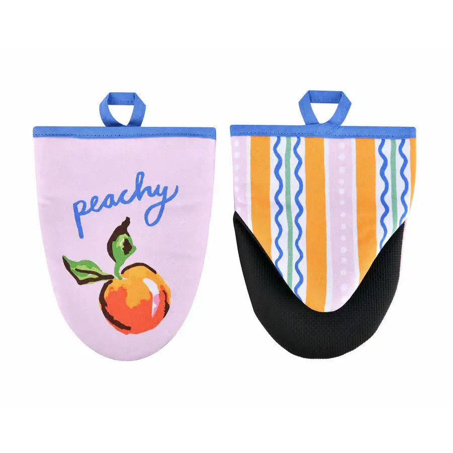 Two oven mitts with one featuring a peach design and the word 'peachy', the other with colorful striped pattern.