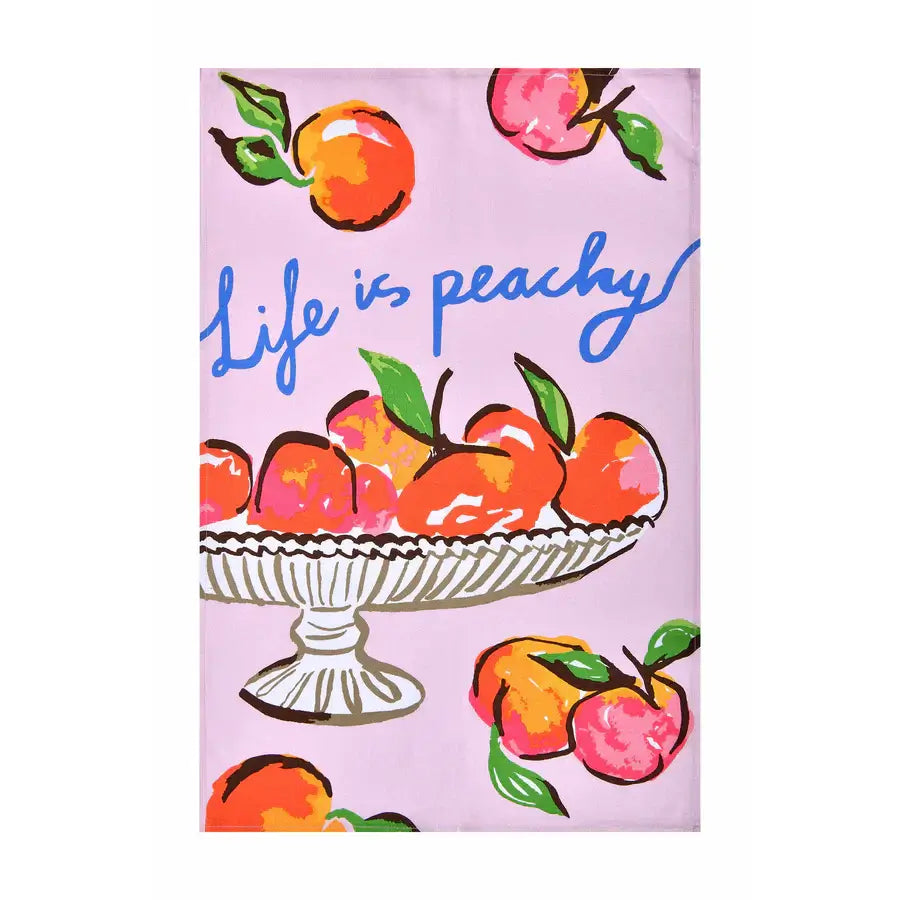 Tea towel with peach illustrations and 'Life is peachy' text on a pink background