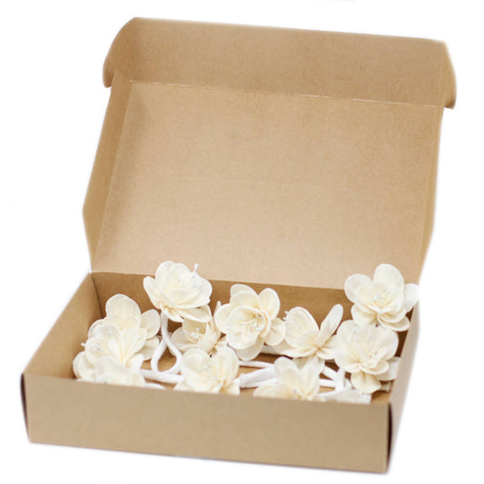 Open cardboard box containing white floral diffuser accessory on a white background