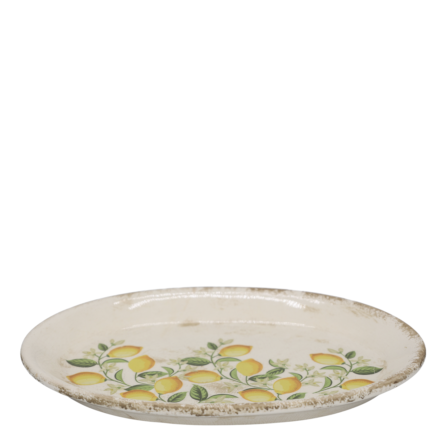 Ceramic plate with lemon design on a white background