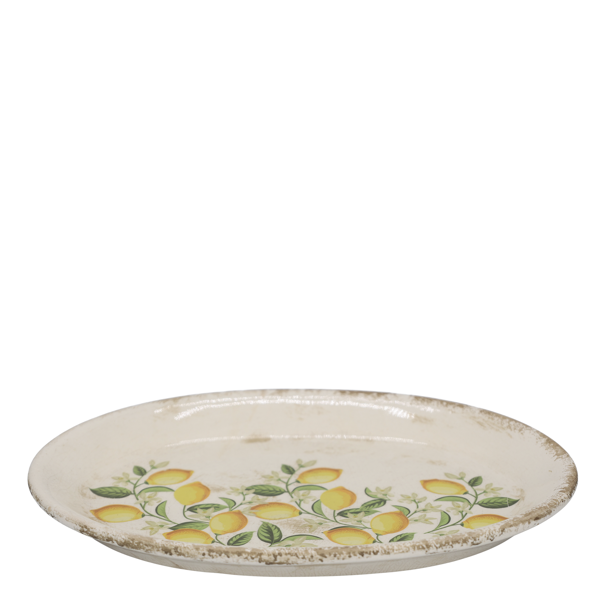 Ceramic plate with lemon design on a white background
