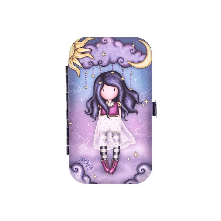 Manicure case with a girl design featuring a purple sky, moon, and stars on a white background.