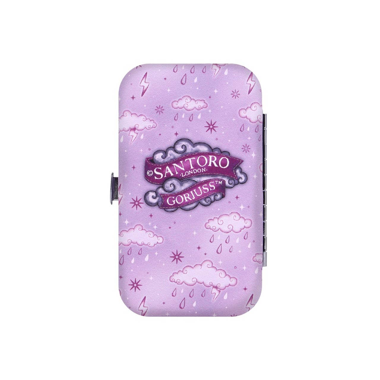 Purple manicure case with cloud and star patterns and 'Santoro London' branding on a white background