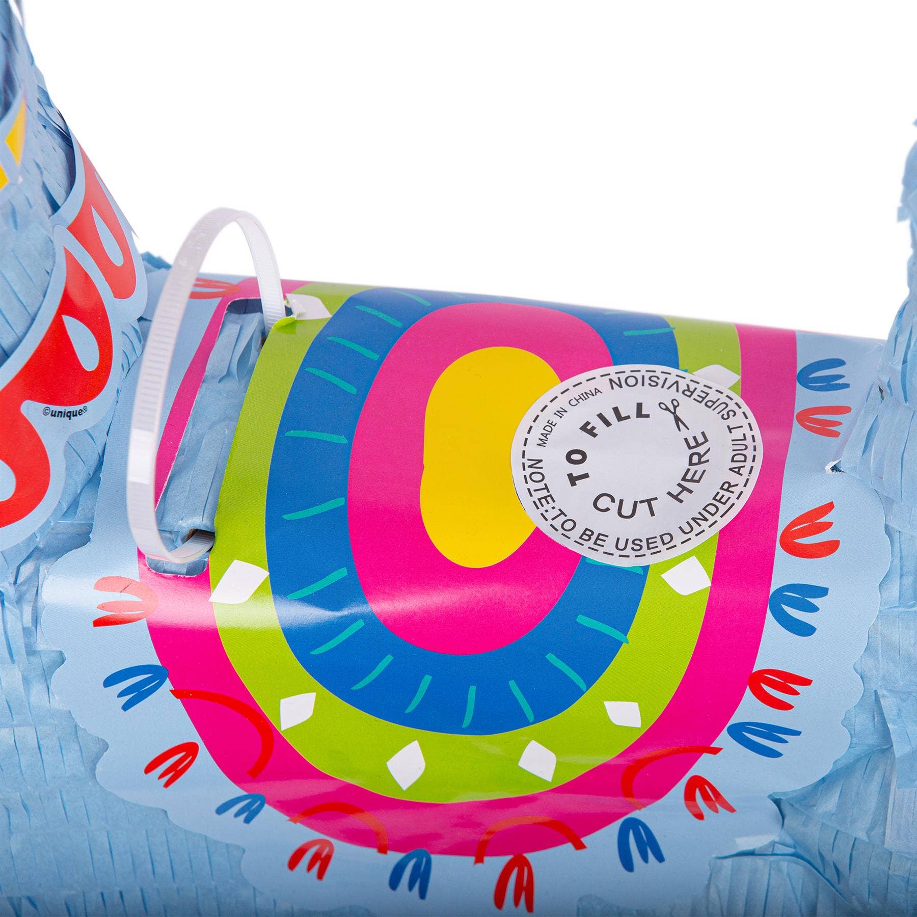 Colorfu pinata with circular patterns and fill compartment label.