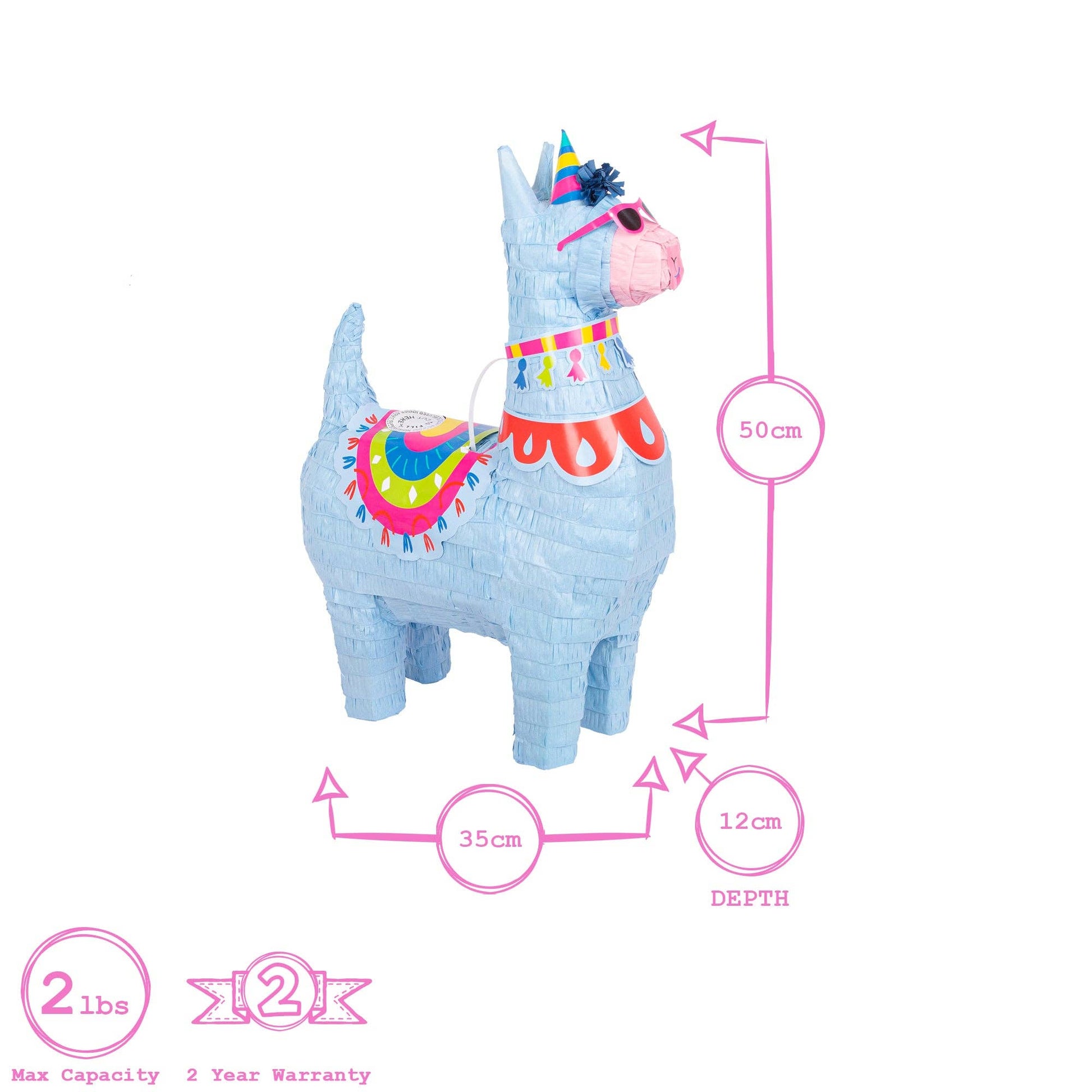 Decorative llama pinata with measurements and capacity details on a white background.