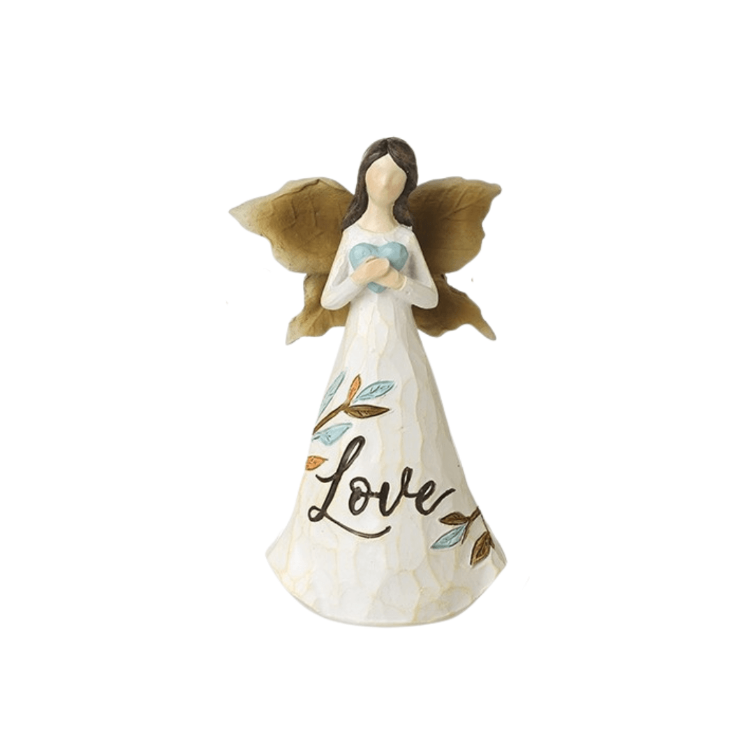 Angel figurine with 'love' text on a white background