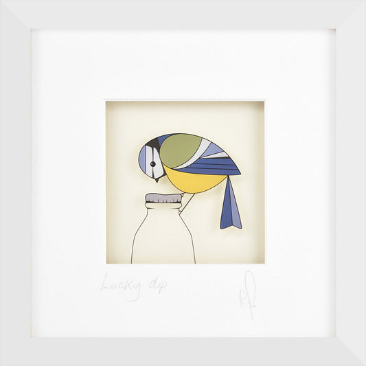 Framed artwork of a stylized bird with a colorful head on a beige background