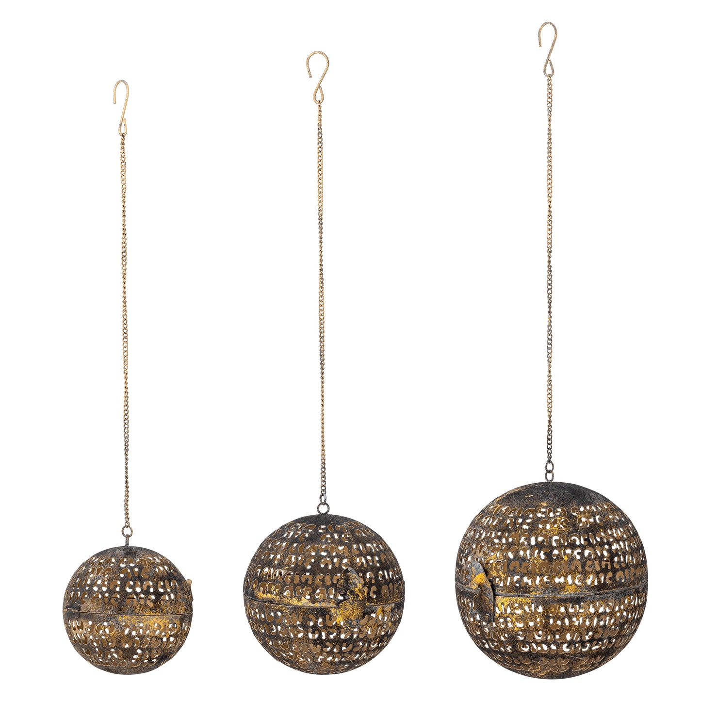 Three decorative hanging spheres with intricate designs on a white background