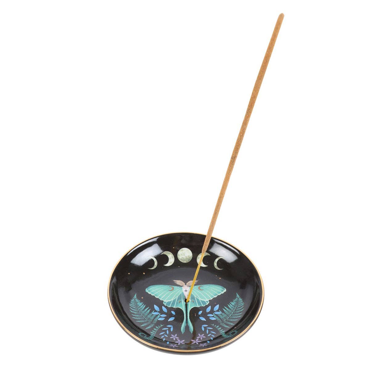 Incense holder with incense stick featuring a design of a moth and moon phases on a white background