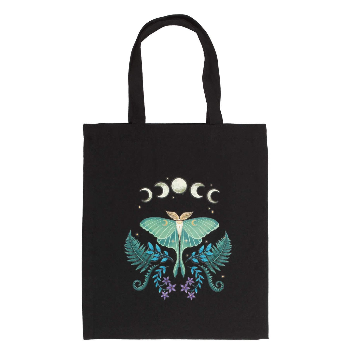 Black tote bag with a decorative design featuring a butterfly and moon phases on a white background
