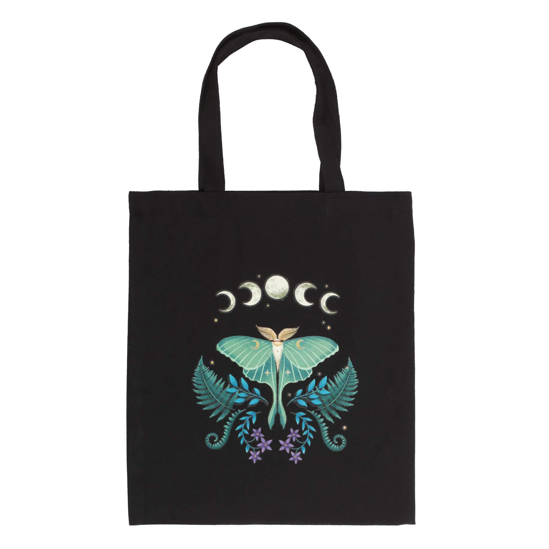 Black tote bag with a decorative design featuring a butterfly and moon phases on a white background