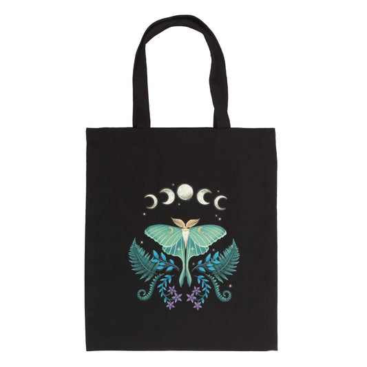 Black tote bag with a decorative design featuring a butterfly and moon phases on a white background