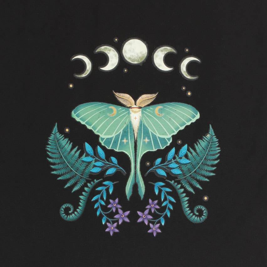Butterfly design with moon phases and foliage on a black background
