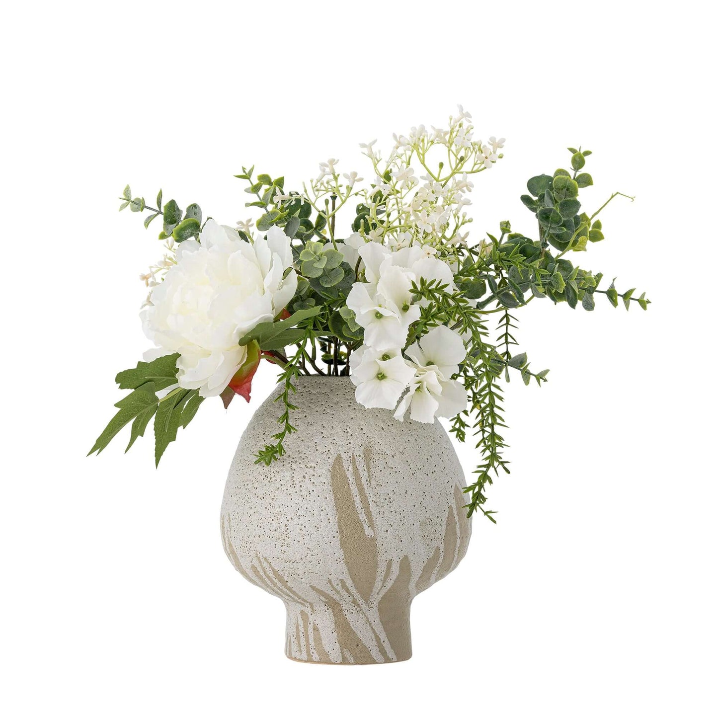 Decorative vase with white flowers and greenery on a white background