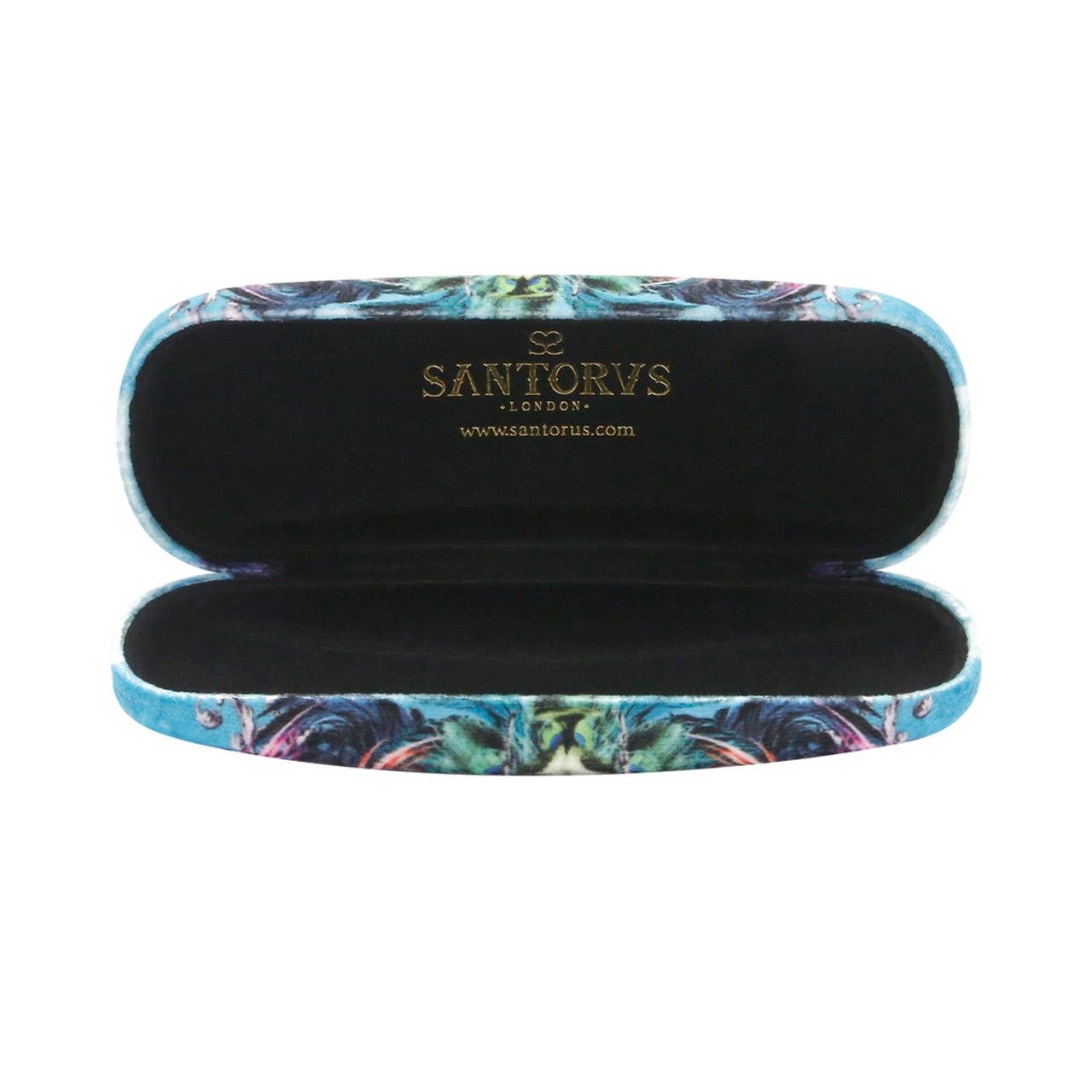 Santorio glasses case with colorful design open on a white background